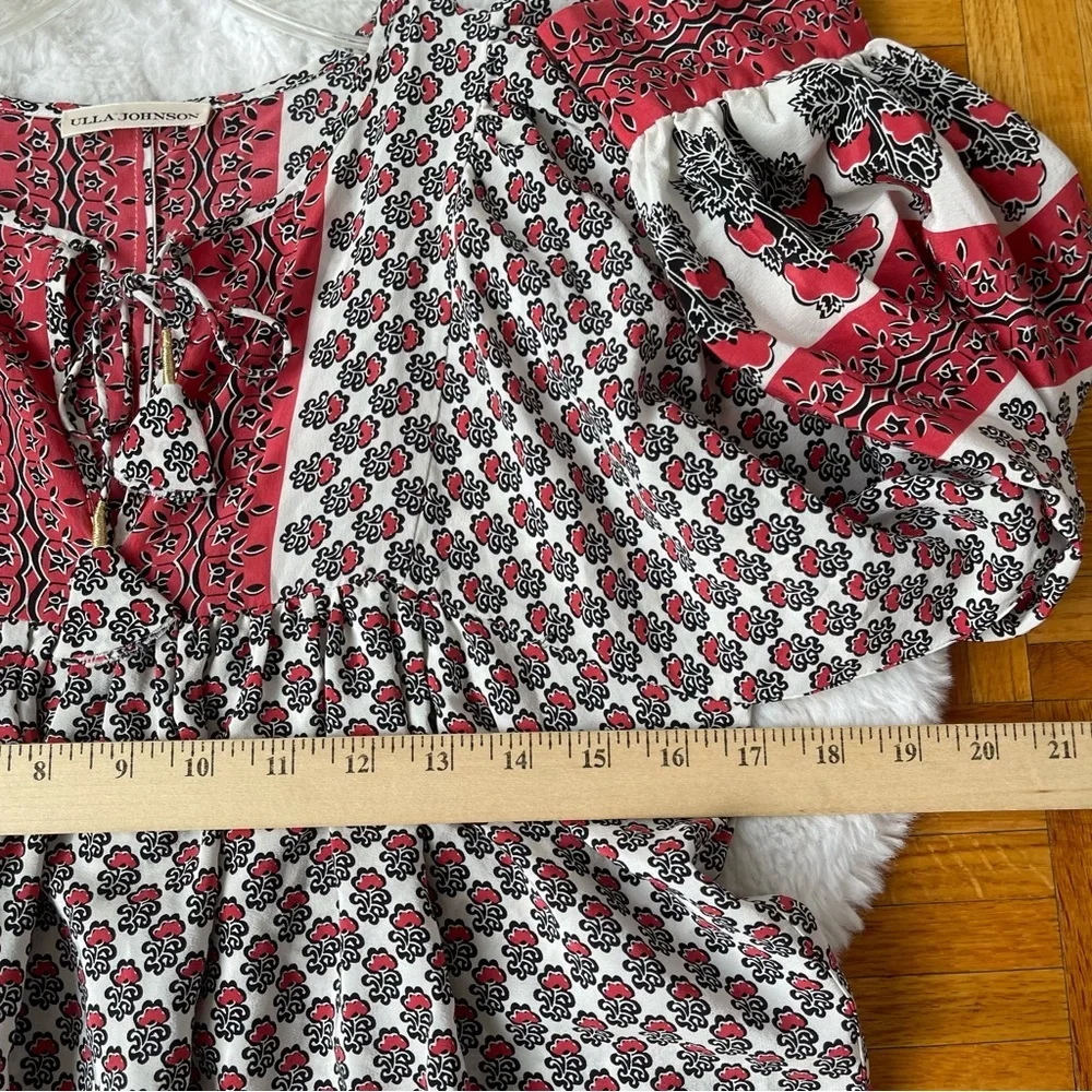 ULLA JOHNSON 100% Silk Printed Tie‎ Neck Peasant Blouse Red Black Cream Size 2